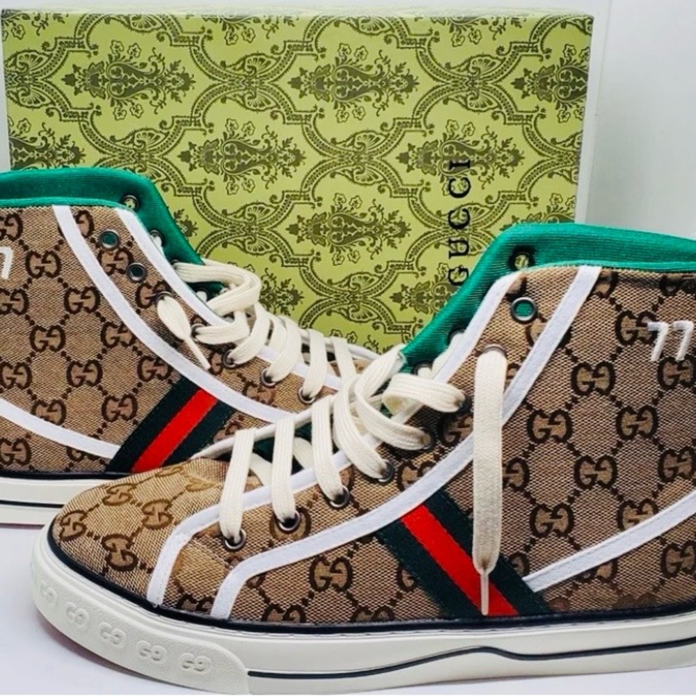 Gucci Beige High-Tops with Green and Red Accents